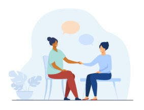 Two female friends talking and holding hands. Chat, speech bubble, chair flat vector illustration. Communication and friendship concept for banner, website design or landing web page